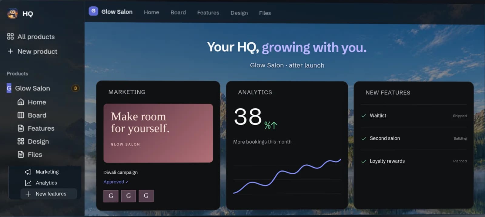 HQ growth view with marketing, analytics and new features